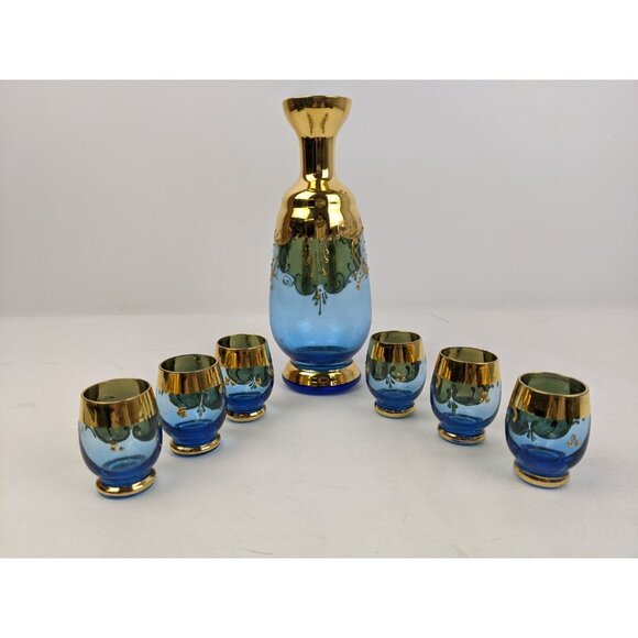 Vintage Blue Decanter & Stopper 6 glasses Made In Italy Venetian Murano gold - Picture 4 of 9